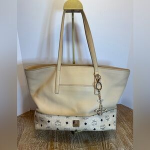 MCM Brown Visetos Leather Tote Bag Beige